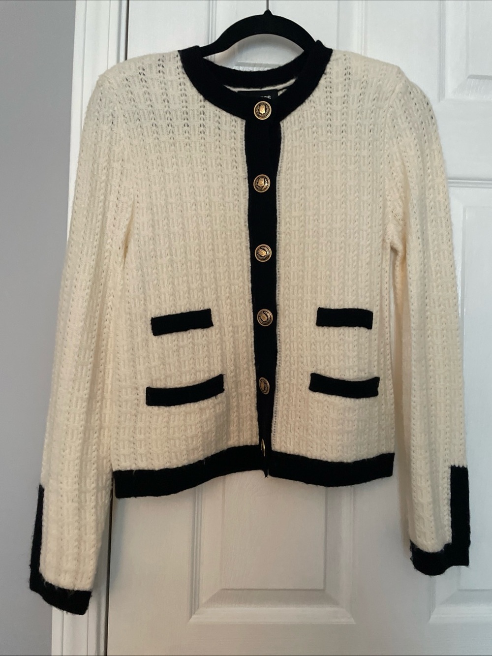 Express  Knit Sweater with Black Trim and Gold Buttons